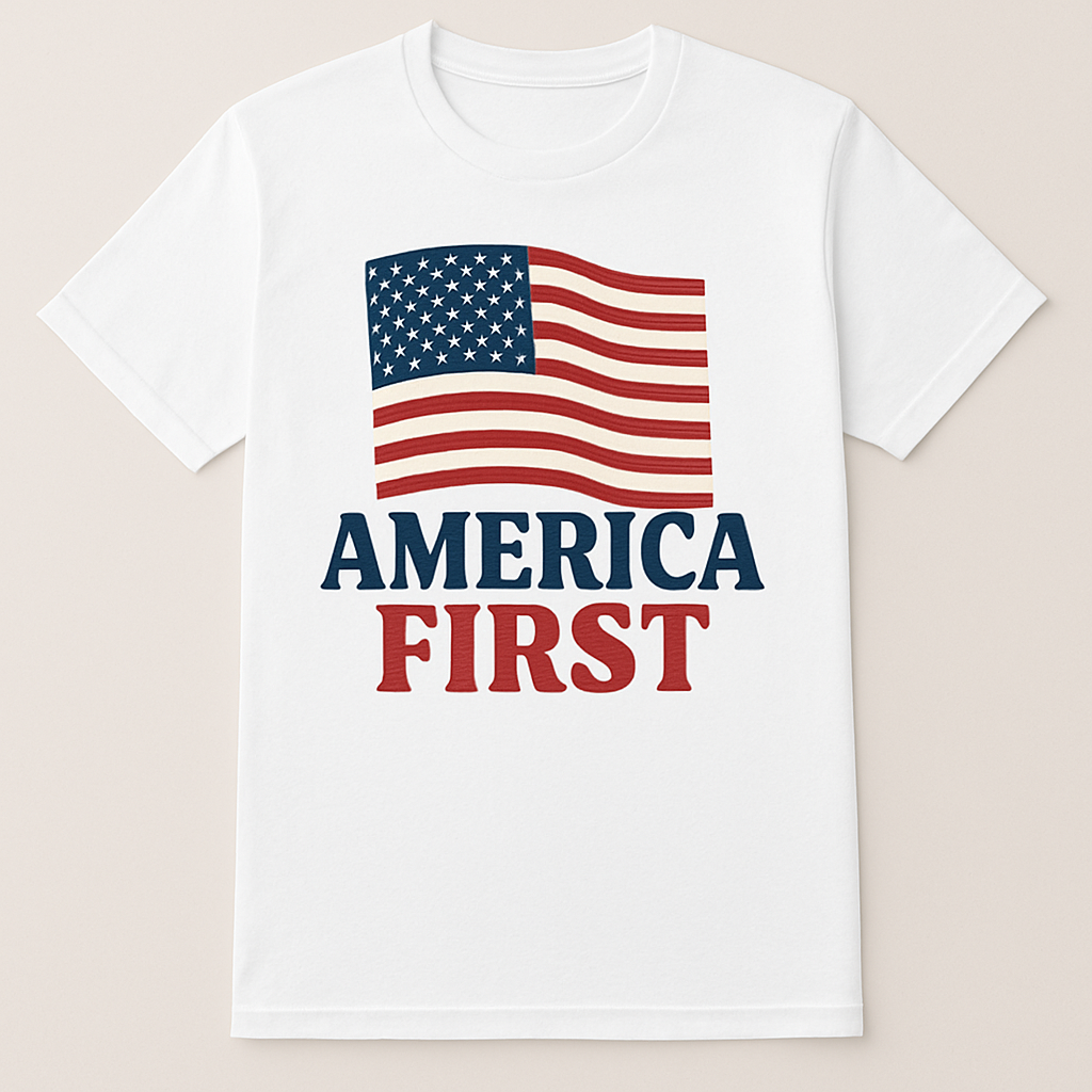 America First T-Shirt - Classic American flag design with patriotic message